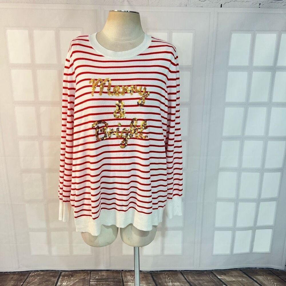 Cynthia Rowley Multicolor Graphic Sequin Stripe Pullover Holiday Knit Top Sz 1X